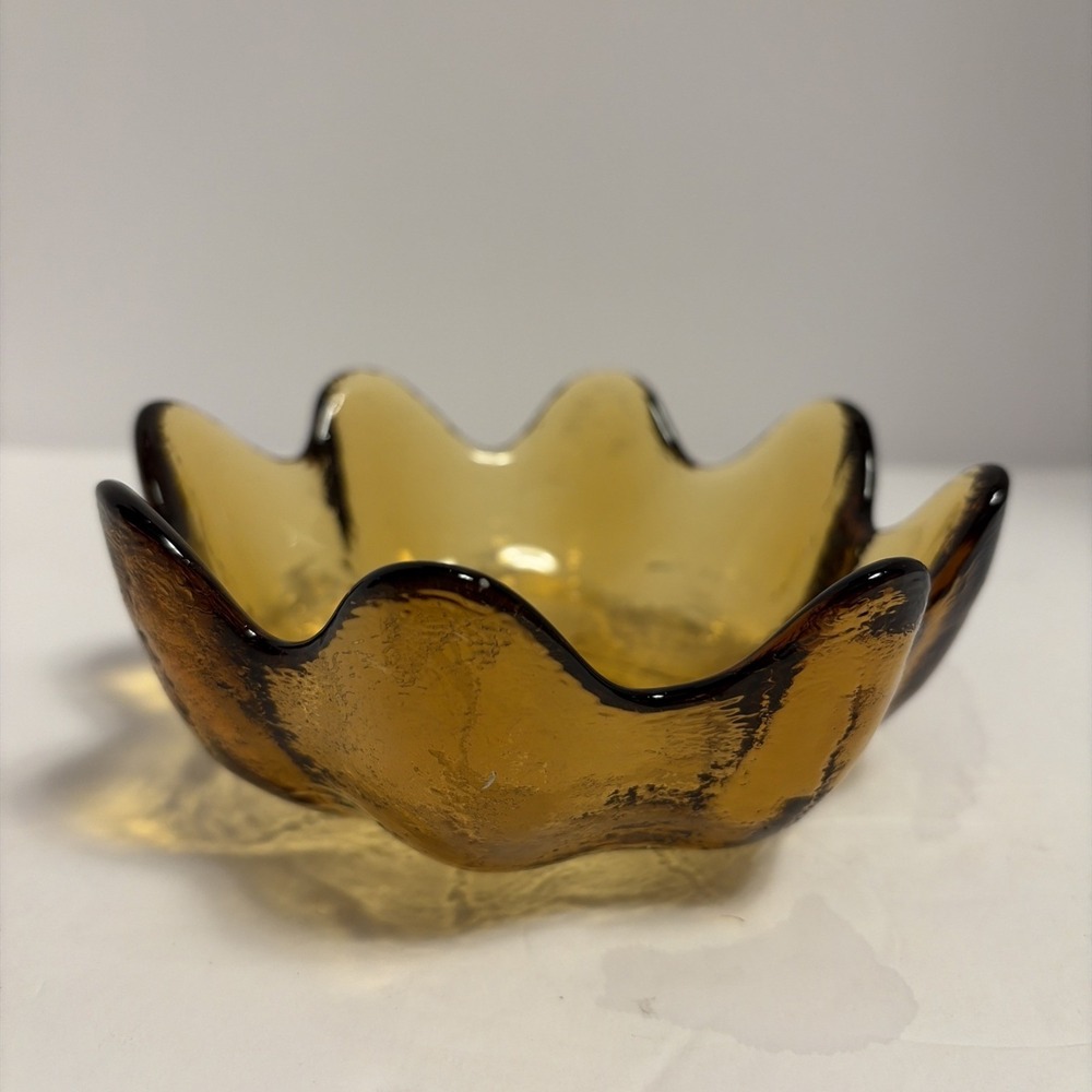 Vintage Blenko Glass Yellow Amber 8 Petal Lotus Bowl 5.5" 1960s Decorative Art